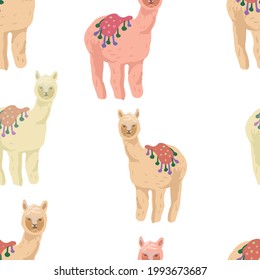 Llama cartoon alpaca mexico Peru desert vector. Color illustration hand drawn print textile vintage. Children's cute picture patern seamless