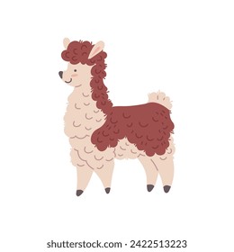 Caricatura alpaca de Llama con dos tonos de lana marrón y beige. Ilustración aislada del vector animal de Lama. Un divertido animal de piel de rizo. Un cordero alegre y adorable. Mamífero ovino esponjoso de fauna silvestre