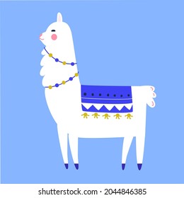 Llama cartoon character. Traditional tassel and garland decoration. Cute lama illustration