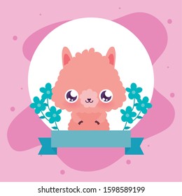 llama cartoon with flowers design, Kawaii expression cute character funny and emoticon theme Vector illustration