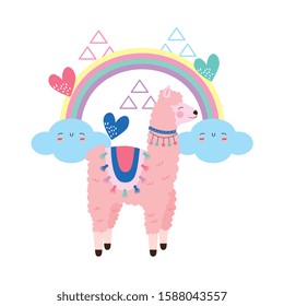llama cartoon with rainbow clouds hearts and triangles design. vector illustration