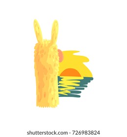 Llama character enjoying ocean sunset, cute alpaca animal cartoon vector Illustration