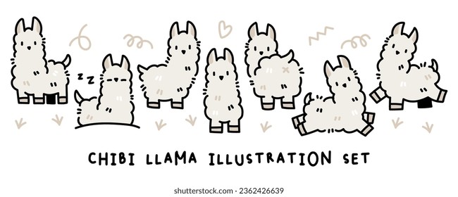 Llama Chibi Cartoon outline logo vector icon Illustration set