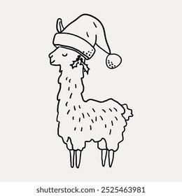 Llama, personajes de Navidades. Navidades dibujadas a mano caprichosos iconos de arte de línea 2. Clipart de Navidad, Ilustraciones vectoriales, dibujado a mano doodle iconos, dibujo de estilo peculiar