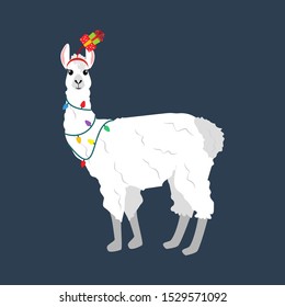 Llama in Christmas costume illustration on the blue background. Vector illustration