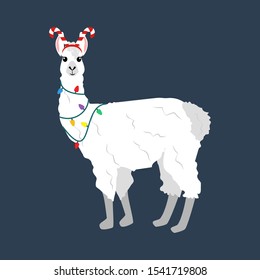 Llama in Christmas costume illustration on the blue background. Vector illustration