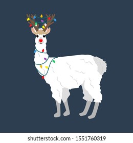Llama in Christmas costume illustration on the blue background. Vector illustration