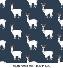 Llama in Christmas costume seamless pattern on the blue background. Vector illustration