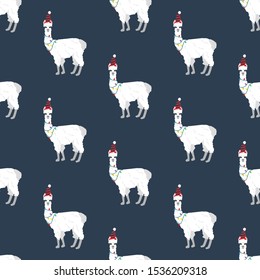 Llama in Christmas costume seamless pattern on the blue background. Vector illustration