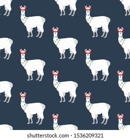 Llama in Christmas costume seamless pattern on the blue background. Vector illustration