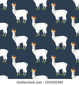 Llama in Christmas costume seamless pattern on the blue background. Vector illustration