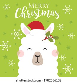 llama christmas greeting card on green color background