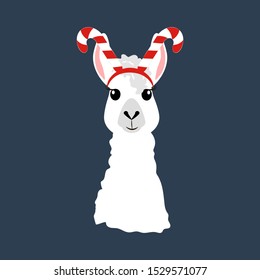 Llama in Christmas hat illustration on the blue background. Vector illustration