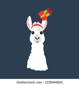 Llama in Christmas hat illustration on the blue background. Vector illustration
