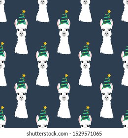 Llama in Christmas hat seamless pattern on the blue background. Vector illustration