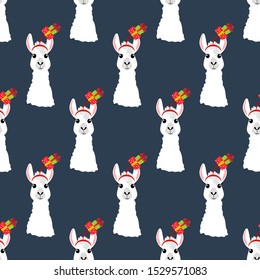 Llama in Christmas hat seamless pattern on the blue background. Vector illustration
