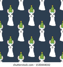 Llama in Christmas hat seamless pattern on the blue background. Vector illustration