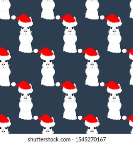 Llama in Christmas hat seamless pattern on the blue background. Vector illustration