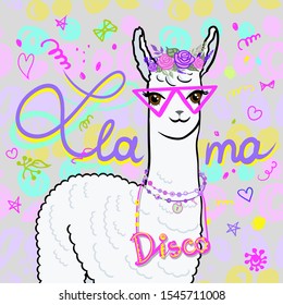 Llama close with glasses in a wreath of flowers portrait. Llama portrait in a wreath of roses and other flowers. Llama with decorations inscription disco. drawn by hand.