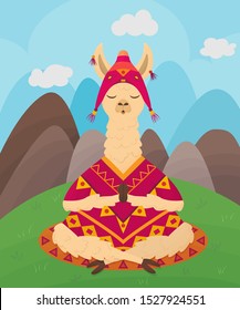 Сute llama with closed eyes sits and meditates in lotus position against backdrop of mountains and hills. Flat vector illustration