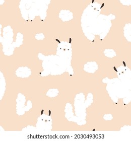 Llama clouds cacti seamless pattern. Cartoon white character in scandinavian style simple hand drawn childish style on beige background. Ideal for nursery, baby clothes, textiles, fabrics