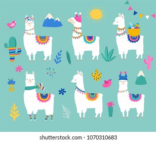 Llama collection, cute hand drawn illustration and design for nursery design, poster, birthday greeting card