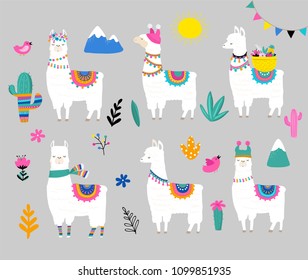 Llama collection, cute hand drawn illustration and design for nursery design, poster, birthday greeting card