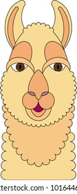 Llama colorful portrait made in geometric flat style. Head front of alpaca. Isolated for your design.