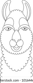 Llama coloring portrait made in geometric flat style. Head front of alpaca. Isolated for your design.