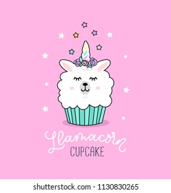 Llama cupcake cute illustration with unicorn llama and stars.