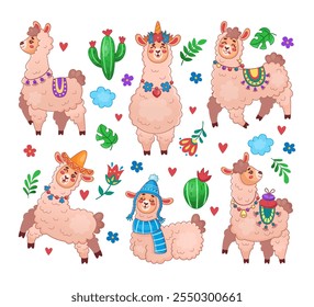 Llama linda. Ilustración aislada de estilo plano de dibujos animados de alpaca animal. Personaje de mascota infantil de Perú. Icono divertido de los bebés. Colorido mamífero mexicano. Vector ilustración de niños ordenados pegatinas colección