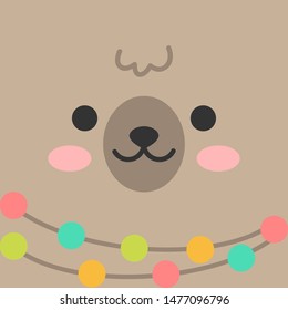 Llama, cute baby alpaca face vector illustration background. Square brown llama animal head with pom pom necklace.