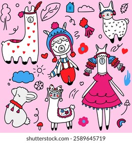 Llama, cute children's doodle set with llamas on pink background