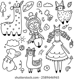 Llama, cute children's doodle set with black line art of llamas on white background