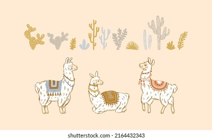 Llama cute collection. Alpaca and abstract cactus set. Vector illustration.