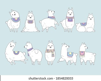 Llama cute. Drawing funny animals in doodle style peru llamas collection camel vector