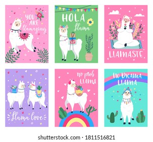 Llama cute poster. Alpaca greeting cards with inspiration quotes, hand drawn ethnic colorful peruvian llamas posters vector illustration set. Animal characters with cactus plants in pots, baggage