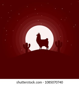 Llama design - minimal illustration with llama silhouette and cactus in the moonlight