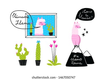Llama designs with cactus and mountains hand drawn funny prints lettering in Spanish: What is your name? My name is Llama. Lama talking, cactus potted hand drawn vector isolated clip art for design.