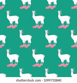 Llama in diving mask seamless pattern on the green background. Vector illustration