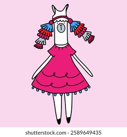 Llama with in dress with ethnic decorations, children's doodle illustration with llama on pink background, character