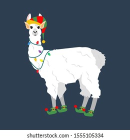 Llama in elf costume illustration on the blue background. Vector illustration