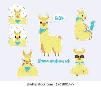 Llama Emotions Set. A Unisex Character. Circled Stickers With Cartoon Fluffy Llama With A Bandage. Yellow-orange Llama. Blue Scarf With Fringes. Llama With Big Eyes. Flat Vector Illustration