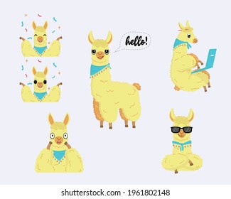 Llama Emotions Set. A Unisex Character. Nice Stickers With Cartoon Fluffy Llama With A Bandage. Yellow-orange Llama. Blue Scarf With Fringes. Llama With Big Eyes. Flat Vector Illustration