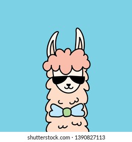LLama face, funny and fashion animal with bow and glasses,isolated om blue background,hand drawn doodle vector illustration