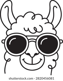 Llama face with sunglasses, representing animal and fashion, line art icon.