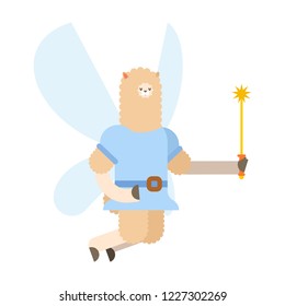 Llama Fairy. magical Lama alpaca. Tiny creature with wings. Flying Mythical fabulous character and magic wand
