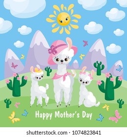 Llama family. Mother’s Day greeting card with cute animals and their cubs. Colorful vector illustration in cartoon style.