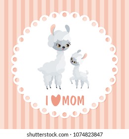 Llama family. Mother’s Day greeting card with cute animals and their cubs. Colorful vector illustration in cartoon style.
