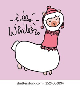 Llama female, hello winter cartoon vector illustration